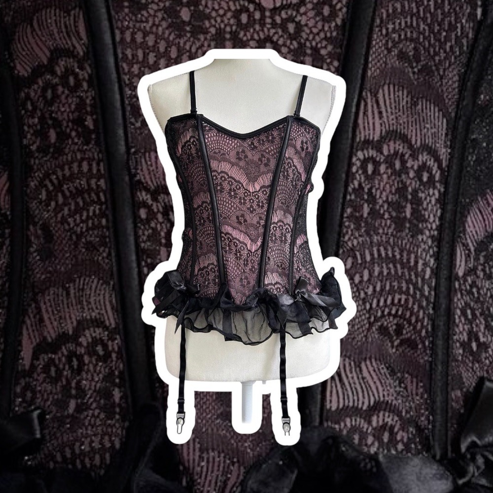 Y2K‎ Grunge Black Lace Corset Bustier Top Ruffle Trim Halloween Bows Lingerie